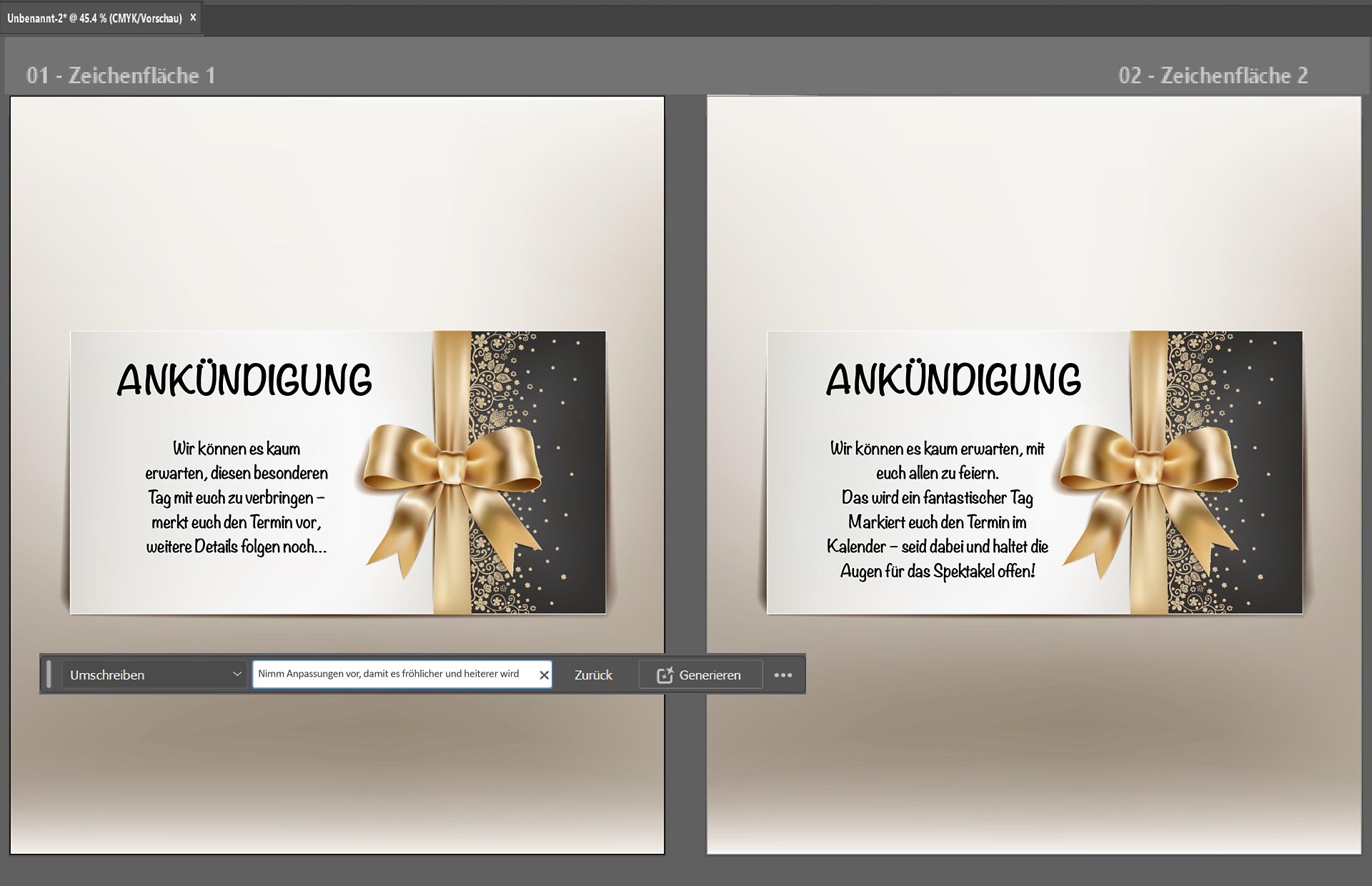 Vorher-nachher-Beispiel für Umschreiben von Einladungstexten in Illustrator.