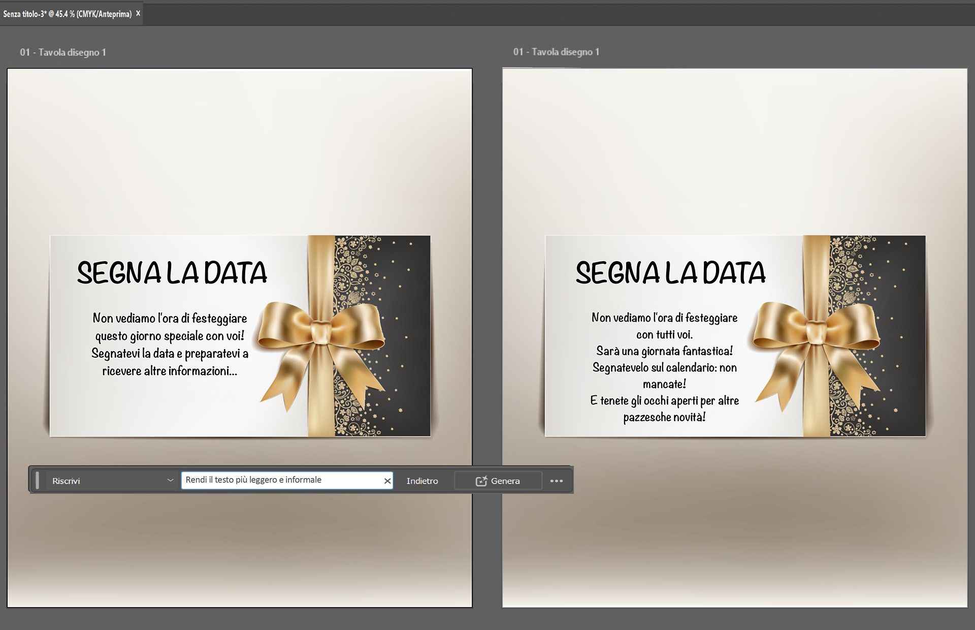 Esempio prima e dopo di Riscrivi per un testo di invito in Illustrator.