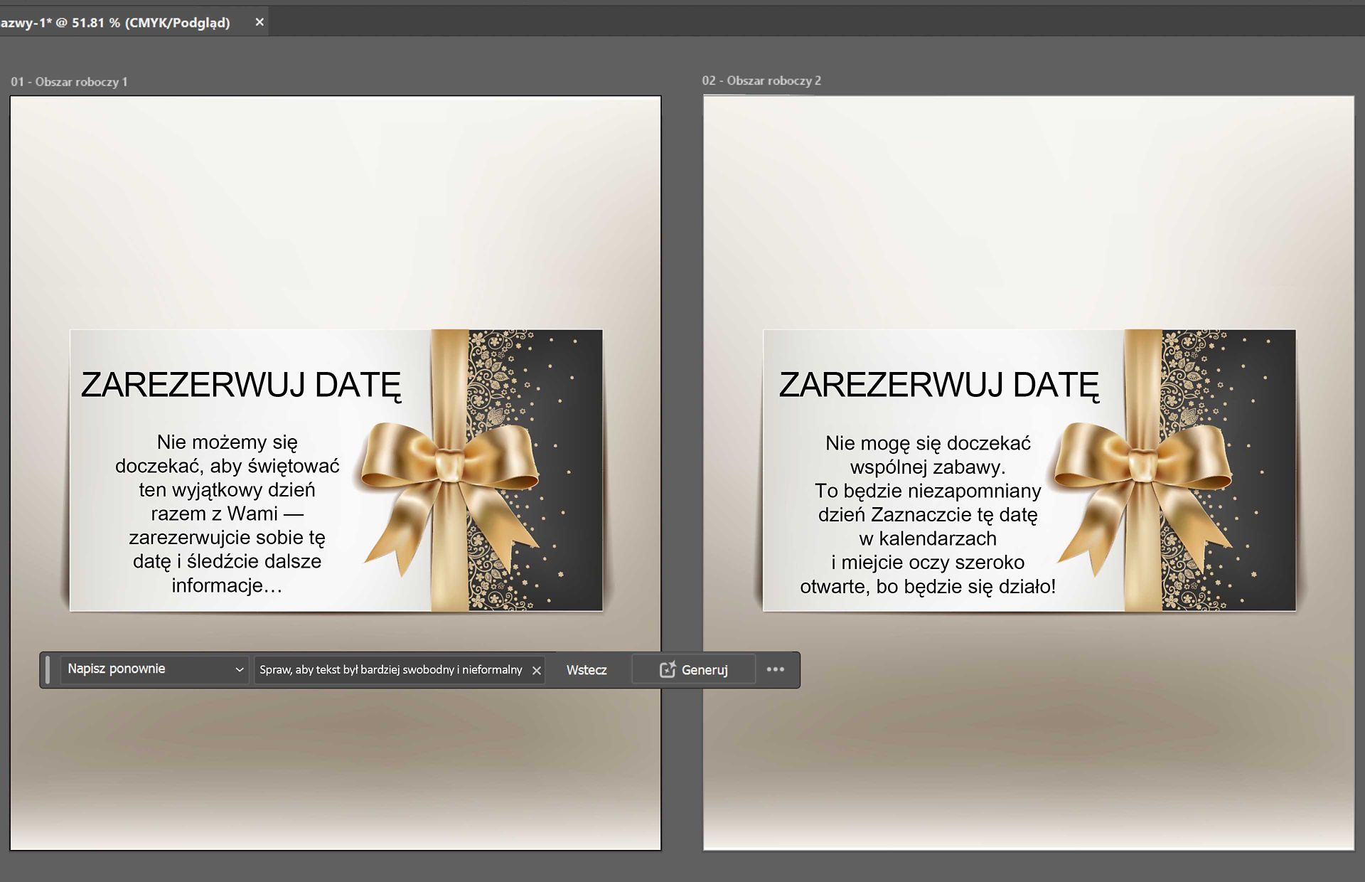 Przykład „przed i po” tekstu zaproszenia dla funkcji Napisz ponownie w programie Illustrator.
