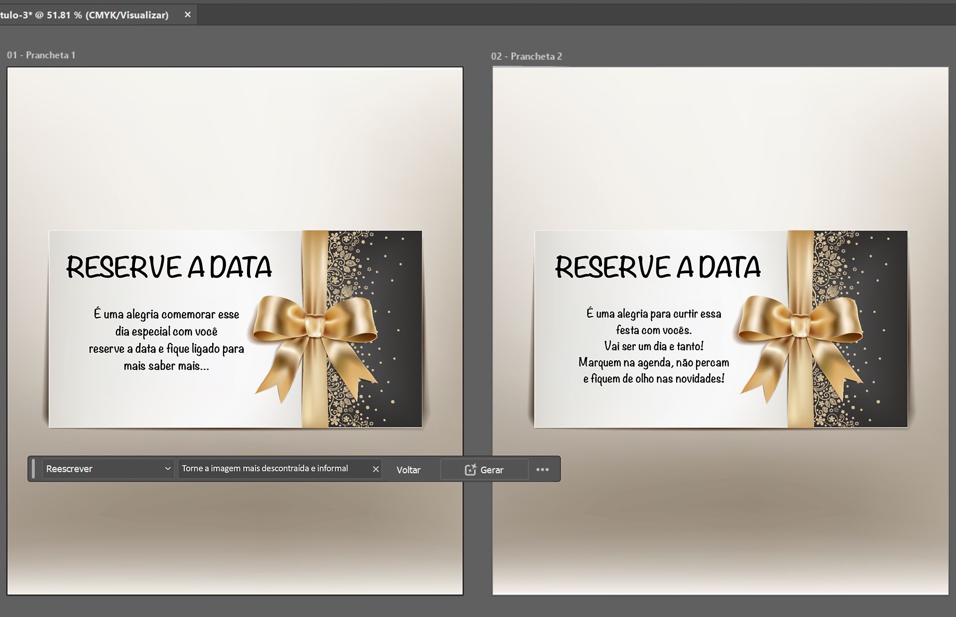 Exemplo de antes e depois da função Reescrever para texto de convite no Illustrator.