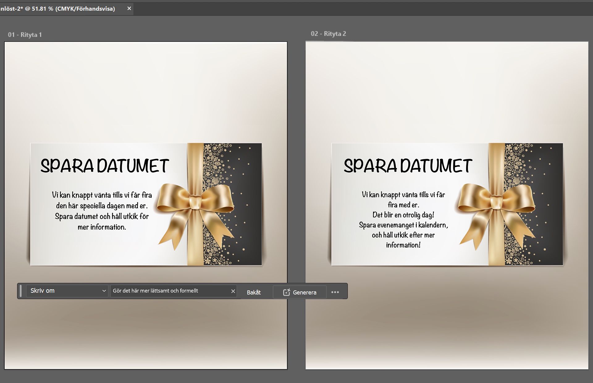 Före- och efter-exempel på Omskrivning för inbjudningstext i Illustrator.