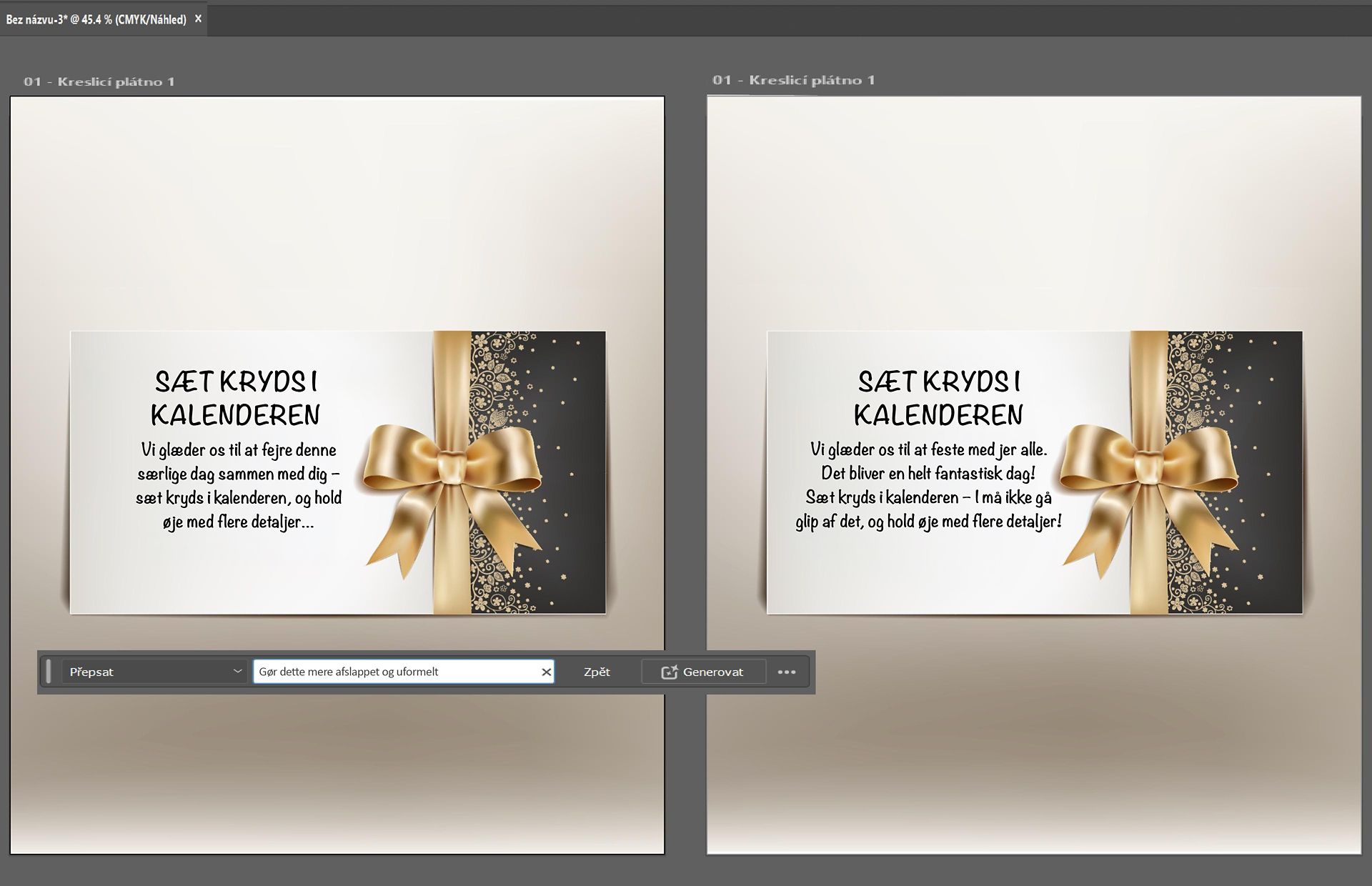 Eksempel på Omskriv før og efter på en invitationstekst i Illustrator.