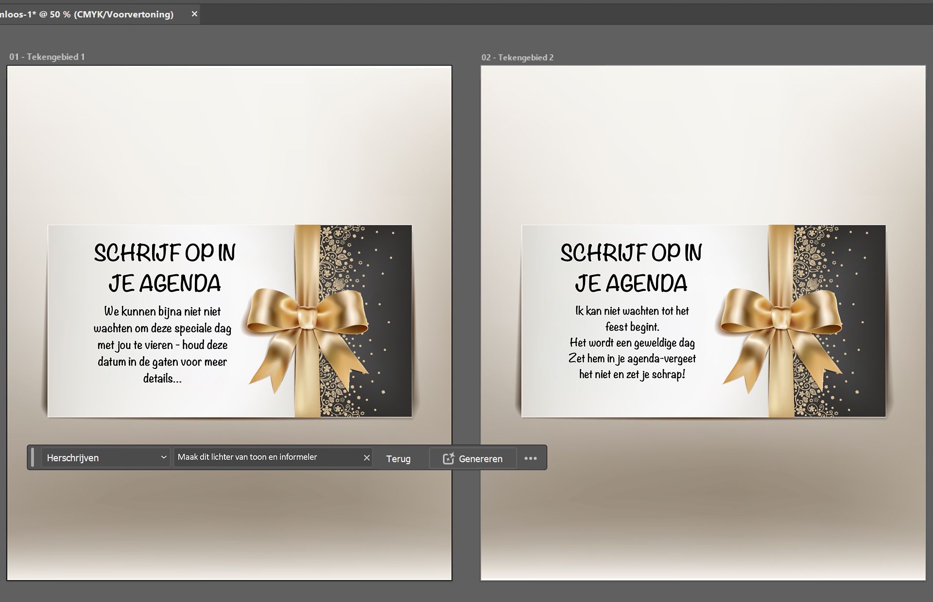 Voor-en-na-voorbeeld van Herschrijven voor uitnodigingstekst in Illustrator.