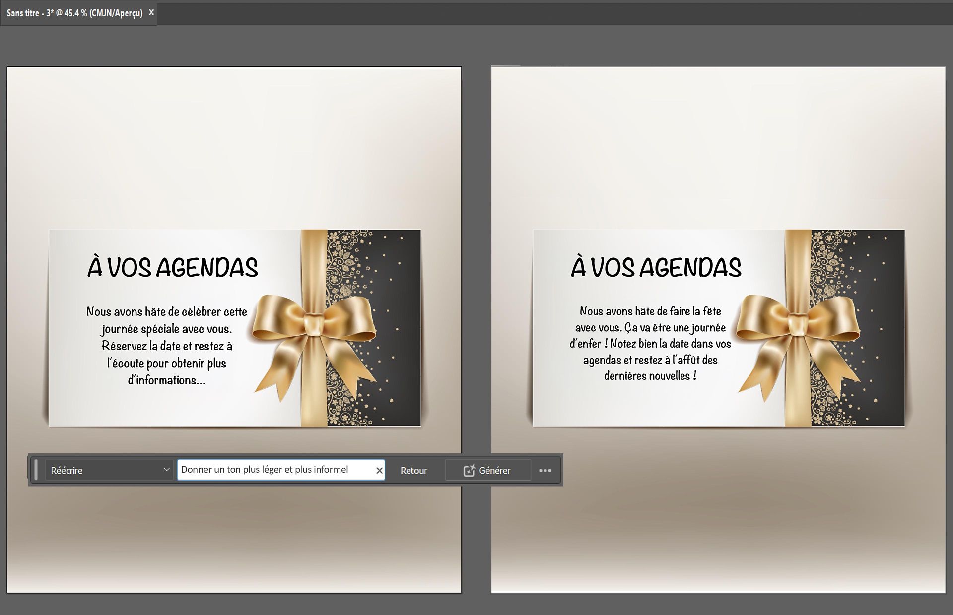 Exemple avant-après de la fonction Réécrire pour le texte d’invitation dans Illustrator.