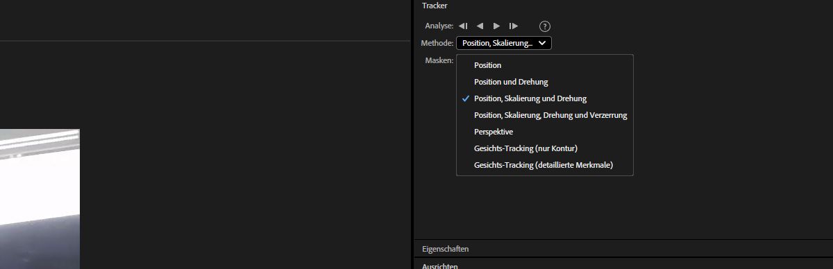 Das Tracker-Bedienfeld in After Effects zeigt die Analysesteuerungen und das erweiterte Methode-Dropdown-Menü mit Position, Skalierung & Drehung als aktive Tracking-Methode.