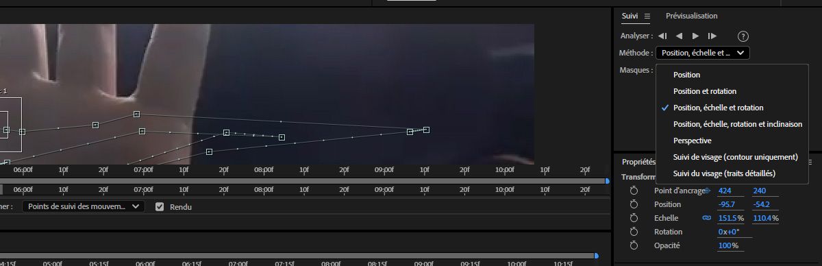 Panneau Suivi dans After Effects montrant les contrôles d'analyse et le menu déroulant Méthode développé, avec Position, Échelle et Rotation sélectionnées comme méthode de suivi active.
