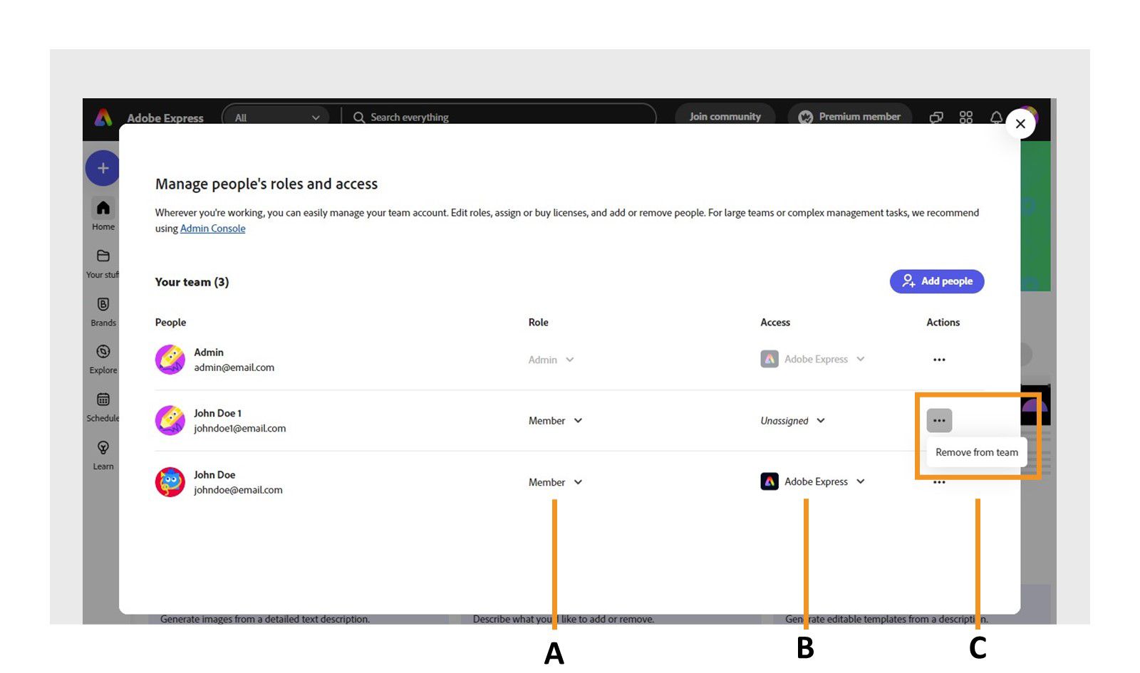 A tela mostra a interface de gerenciamento das pessoas com algumas opções abertas e outras desmarcadas para adicionar pessoas, gerenciar funções, atribuir aplicativos e remover membros.