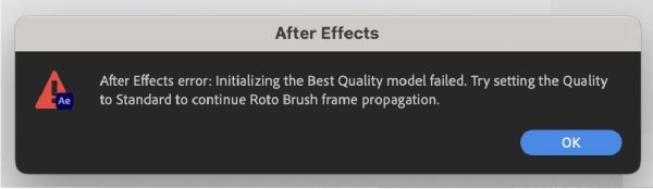 macOS 13 Ventura の最高画質モードでロトブラシ 2.0 を使用すると、エラーダイアログが表示されます。