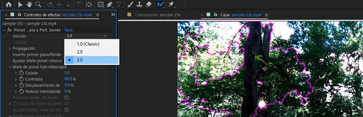 Seleccione 3.0 como versión con los efectos Pincel tipo rotoscopia y Perfeccionar borde para utilizar el Pincel tipo rotoscopia de última generación.