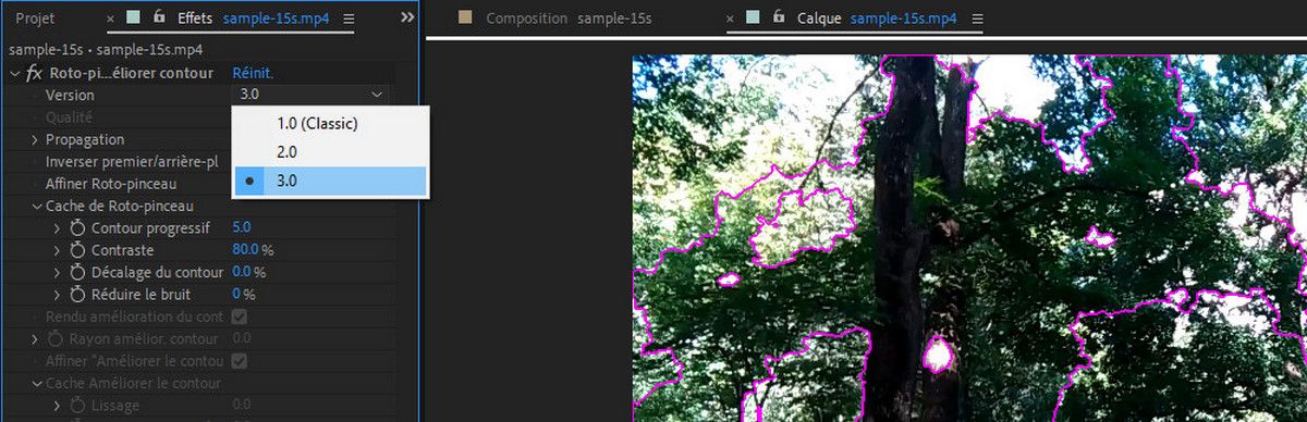 Sélectionnez 3.0 comme version sous les effets Roto-pinceau et Améliorer le contour pour utiliser le Roto-pinceau nouvelle génération.