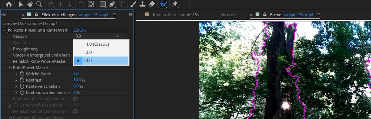 Wählen Sie 3.0 als Version für den Effekt „Roto-Pinsel und Kantenverfeinerung“ aus, um den Roto-Pinsel der nächsten Generation zu verwenden.