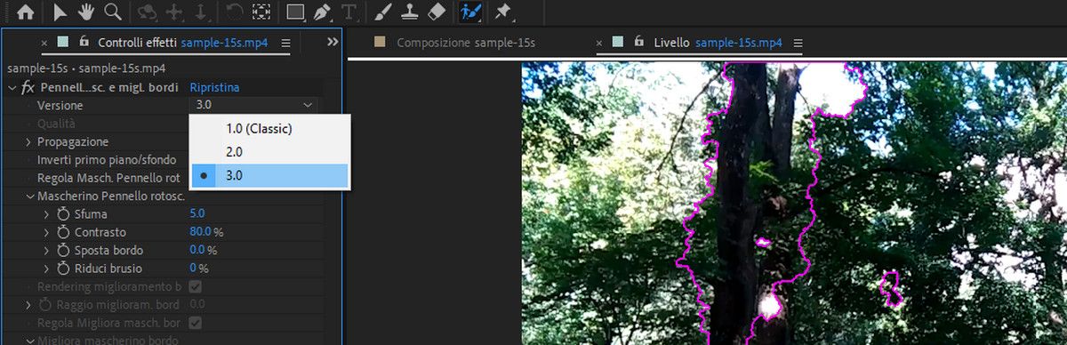 Per utilizzare Pennello a rotoscopio di nuova generazione, selezionate la versione 3.0 nell’effetto Pennello a rotoscopio e miglioramento bordi.