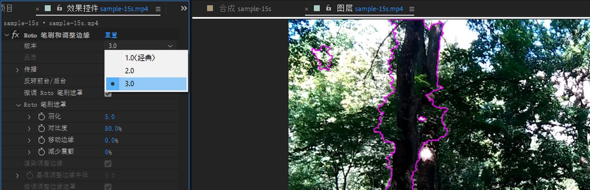 将“Roto 笔刷和优化边缘”效果的版本设置为“3.0”，以使用下一代 Roto 笔刷。