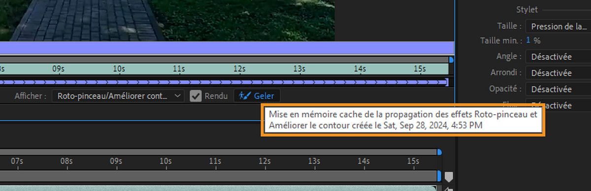 Info-bulle du bouton Geler indiquant quand les informations mises en cache ont été créées.