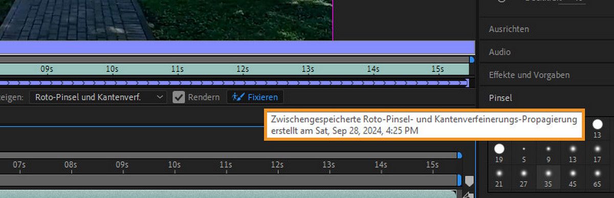 QuickInfo für die Schaltfläche „Fixieren“, die informiert, wann die zwischengespeicherten Informationen erstellt wurden.