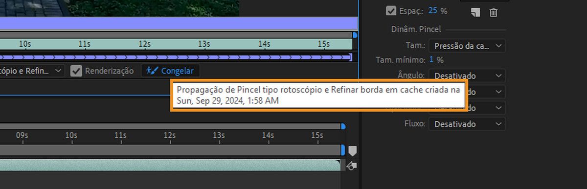 Dica de ferramenta do botão congelar que informa quando as informações em cache foram criadas.