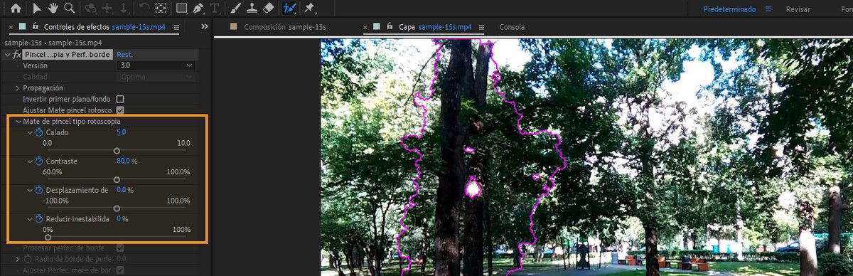 Controles del grupo Mate del Pincel tipo rotoscopia en el efecto Pincel tipo rotoscopia.