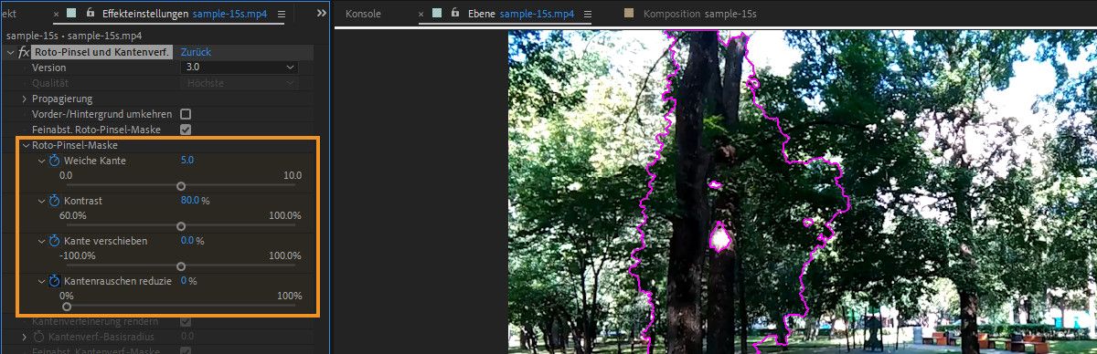 Steuerelemente in der Gruppe „Roto-Pinsel-Maske“ im Effekt „Roto-Pinsel“.