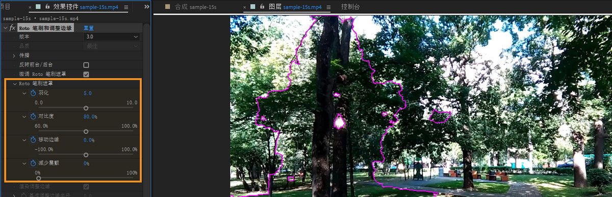 “Roto 笔刷”效果中“Roto 笔刷遮罩”组中的控件。