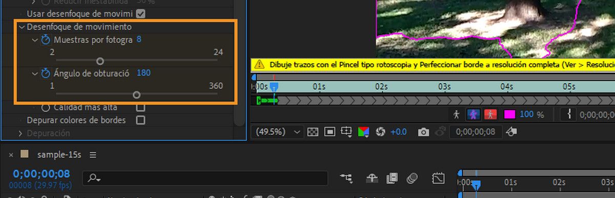 Desenfoque de movimiento y depuración del color de los bordes para tratar mates con bordes suaves o detalles finos.