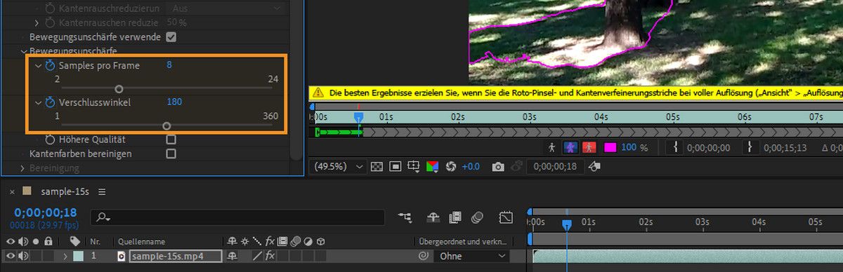 Bewegungsunschärfe und Dekontaminierung der Kantenfarbe, um mit Masken mit weichen Kanten oder feinen Details umzugehen.