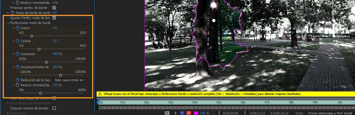 Ajuste la opción Perfeccionar mate de borde en las propiedades de efectos Pincel tipo rotoscopia y Perfeccionar borde.