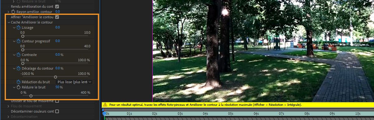 Option Affiner le cache Améliorer le contour dans les propriétés des effets Roto-pinceau et Améliorer le contour.