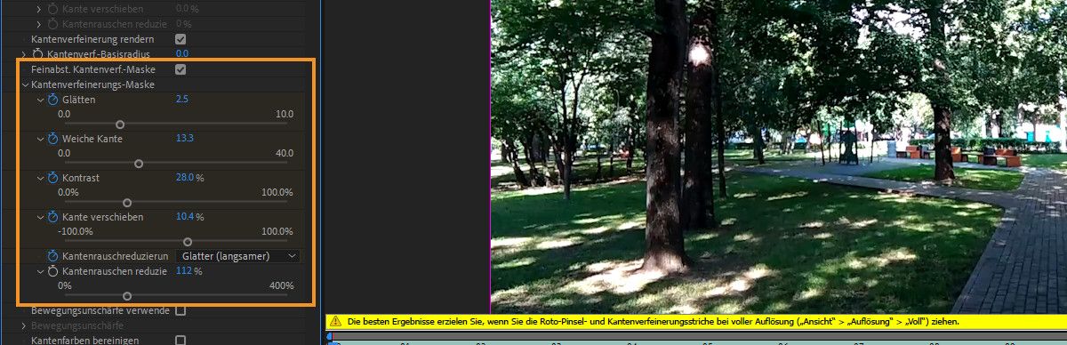 Die Option „Feinabstimmung der Kantenverfeinerungs-Maske“ in den Effekteigenschaften „Roto-Pinsel und Kantenverfeinerung“.