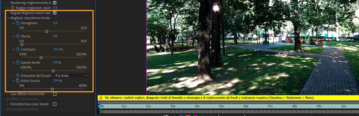 Regolate l’opzione Migliora mascherino bordo nelle proprietà dell’effetto Pennello a rotoscopio e miglioramento bordi.