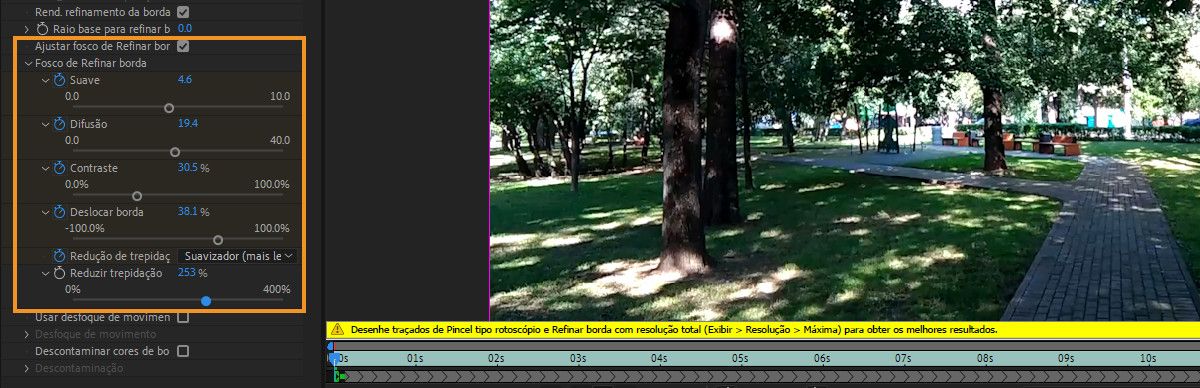 A opção Ajustar fosco de Refinar borda nas propriedades do efeito Pincel tipo rotoscópio e Refinar borda.