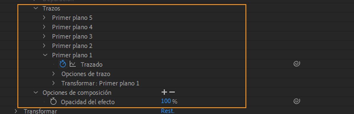 El grupo de propiedades de trazos en el grupo de propiedades Pincel tipo rotoscopia en el panel Cronología.