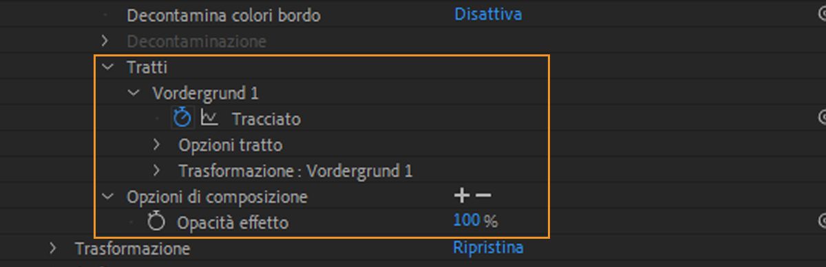 Il gruppo di proprietà Tratti all’interno del gruppo di proprietà Pennello a rotoscopio nel pannello Timeline.