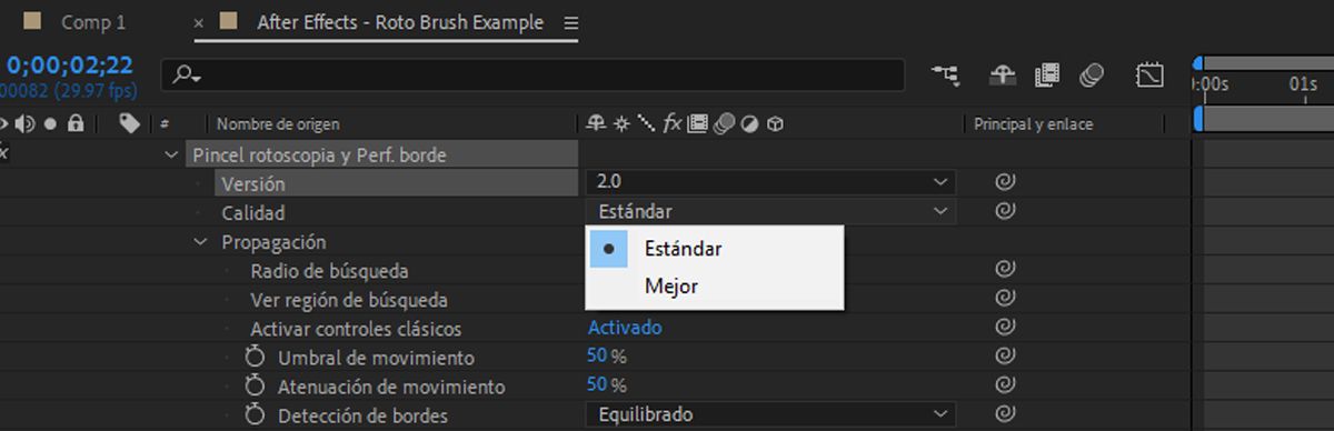 Opción para seleccionar y cambiar entre diferentes versiones y calidades del Pincel tipo rotoscopia.