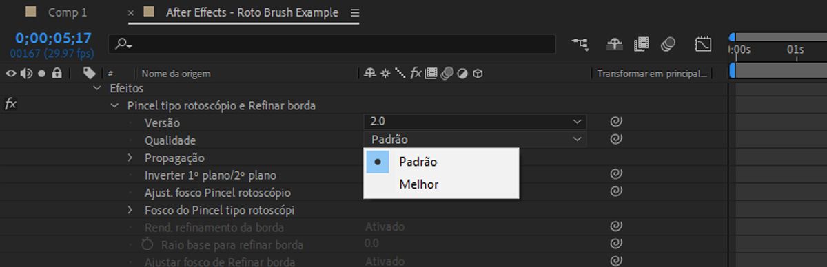 Opção para selecionar e alternar entre diferentes versões e qualidades do Pincel tipo rotoscópio.