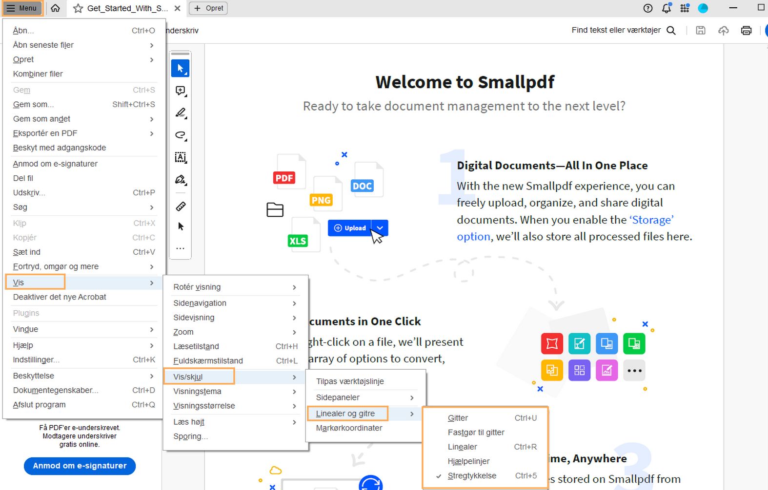 Brug gitre, hjælpelinjer og målinger i Adobe Acrobat PDF-filer.