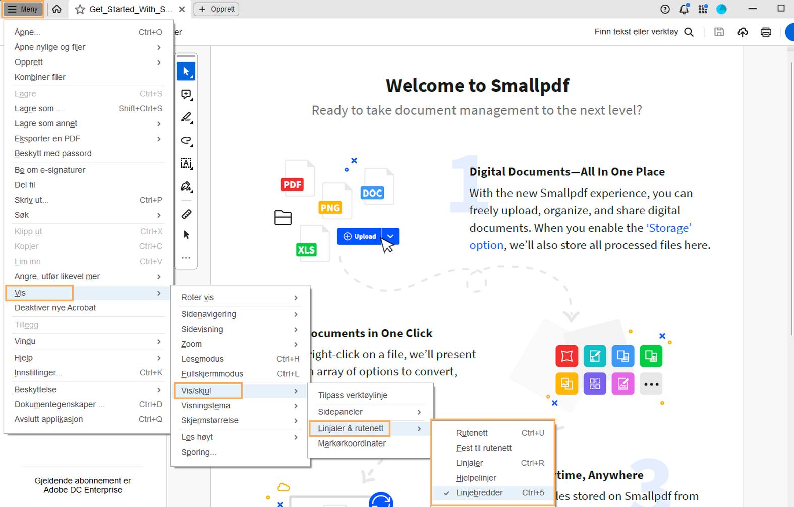 Bruk rutenett, hjelpelinjer og mål i Adobe Acrobat PDF-filer.