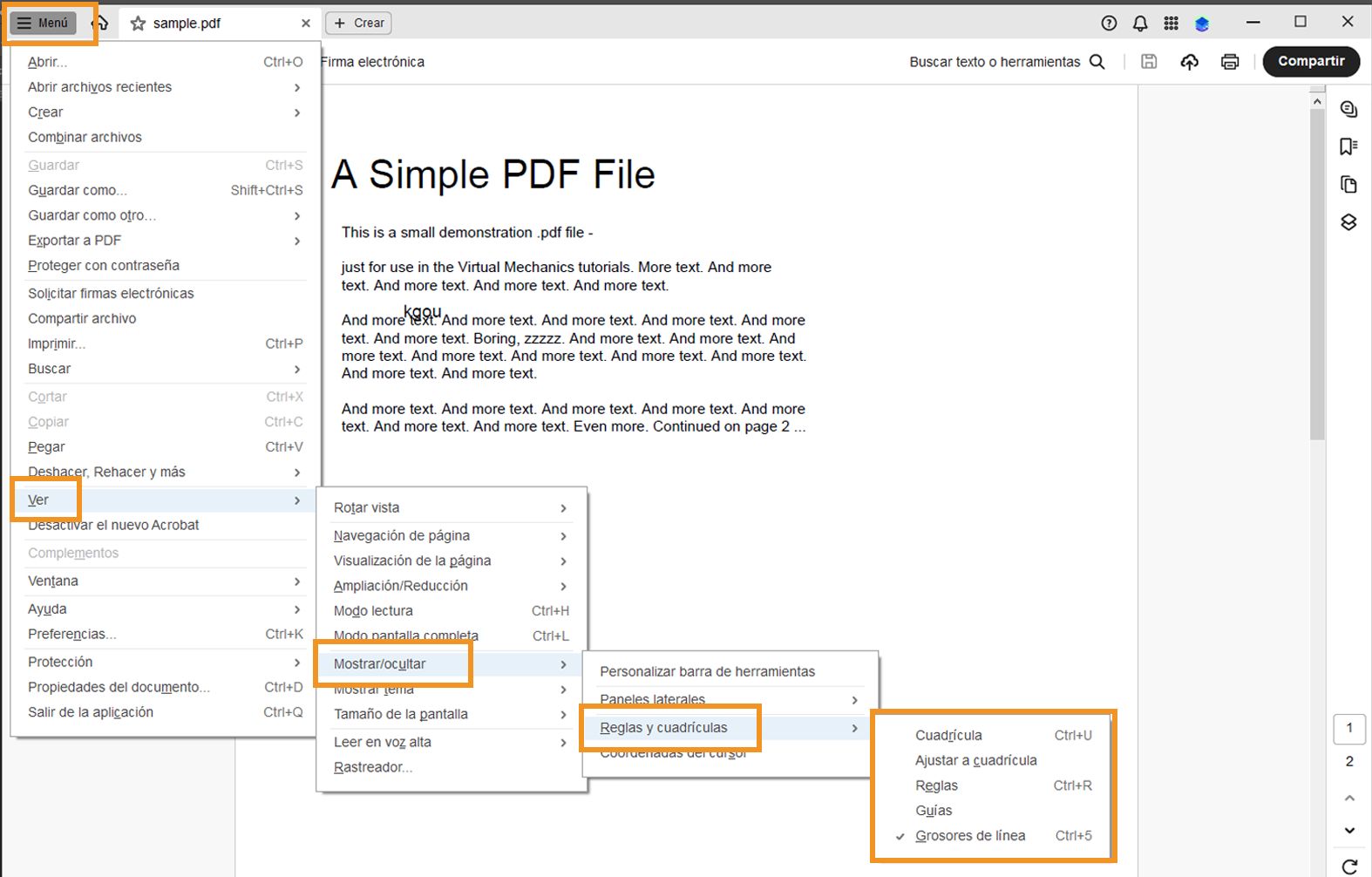 Uso de cuadrículas, guías y mediciones en archivos PDF de Adobe Acrobat.