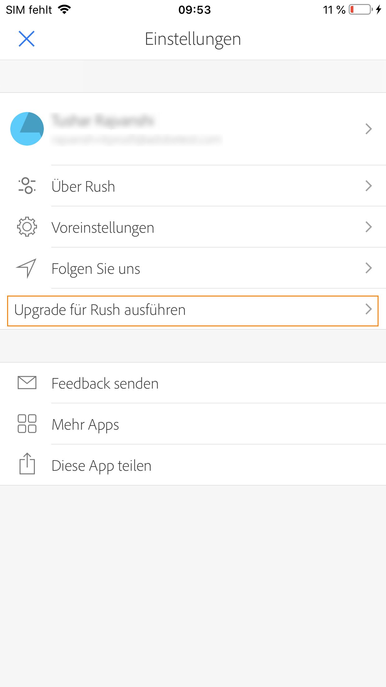 Das Menü „Einstellungen“ in der Premiere Rush-App