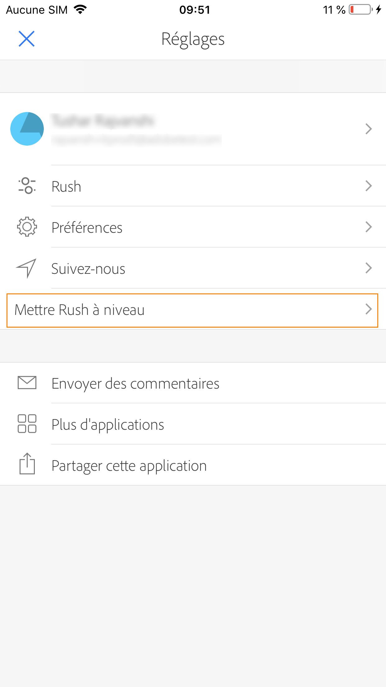 Menu Paramètres dans l’application Premiere Rush