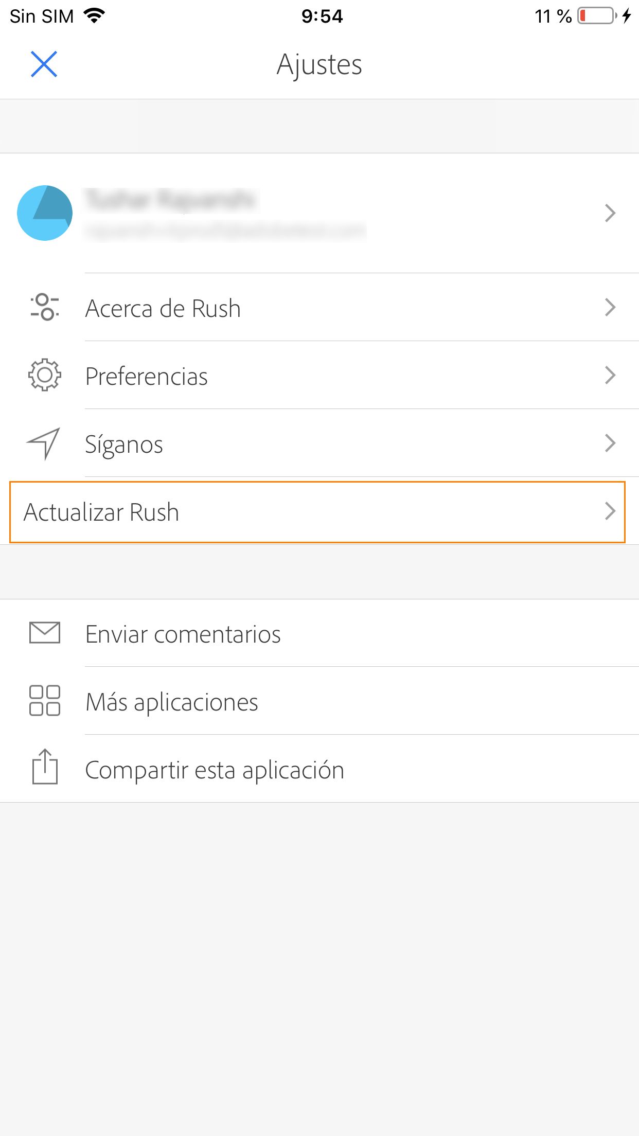 El menú Configuración de la aplicación Premiere Rush