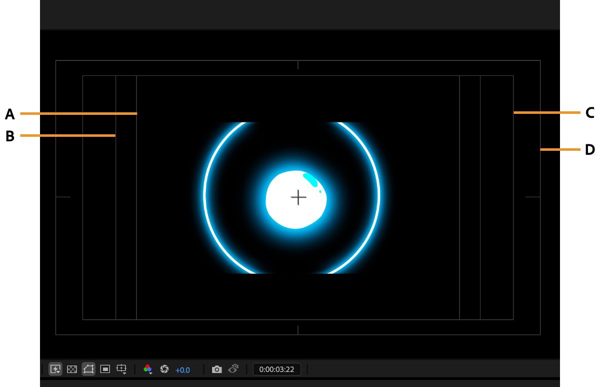 As margens seguras são rotuladas para mostrar como elas podem ajudar a garantir que o conteúdo esteja posicionado corretamente na área visível da composição e exibido corretamente em várias telas.