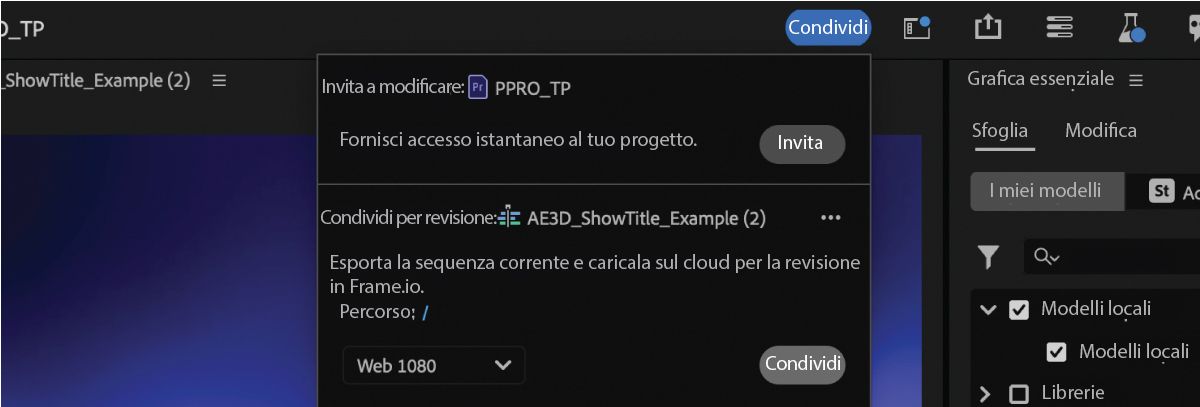 Schermata che mostra le opzioni sotto il pulsante Condividi e l’opzione Invita dal menu di scelta rapida evidenziato.
