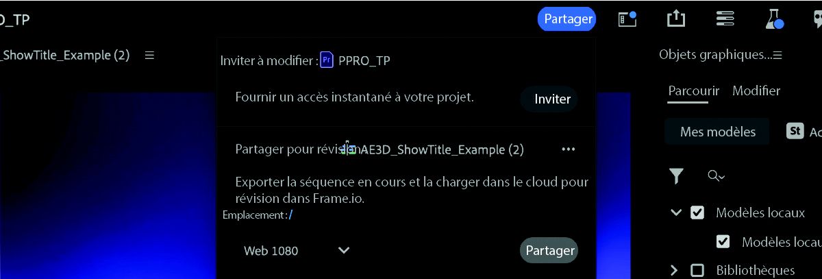 Copie d’écran montrant les options sous le bouton Partager et l’option Inviter dans le menu contextuel en surbrillance.