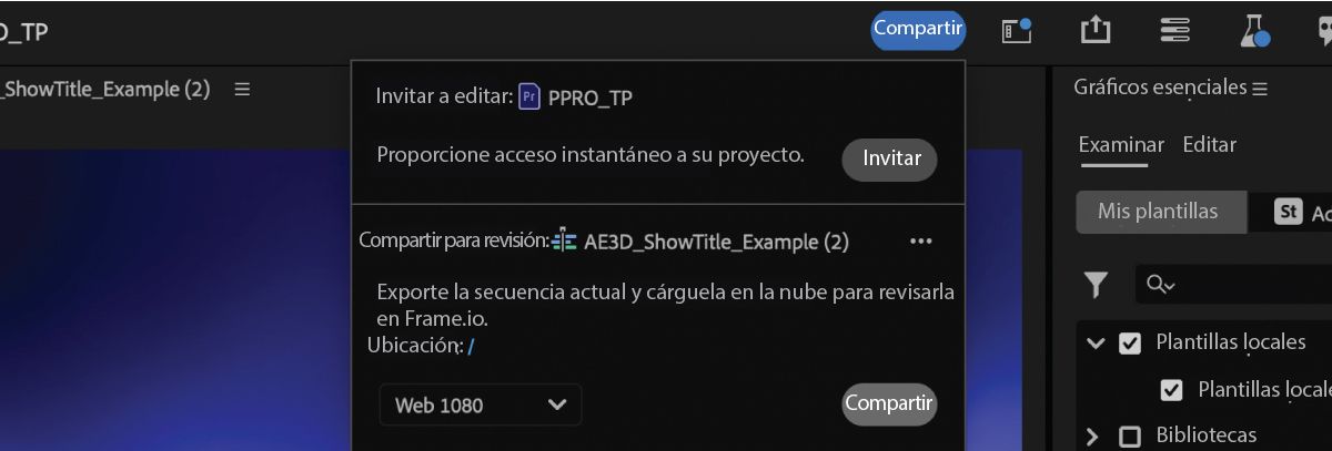 Captura de pantalla que muestra las opciones en el botón Compartir y la opción Invitar en el menú contextual resaltado.
