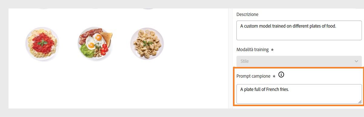 È visualizzato un messaggio di esempio per mostrare l’utilizzo pratico del modello personalizzato e aiutare gli utenti a iniziare a generare immagini.