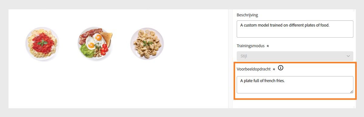 Geef een voorbeeldopdracht om het praktische gebruik van het aangepaste model te tonen en gebruikers te helpen afbeeldingen te genereren.