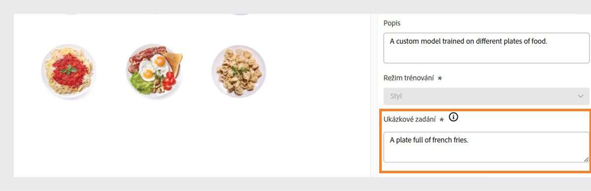 Poskytněte ukázkové zadání, které ukáže praktické použití vlastního modelu a pomůže uživatelům začít generovat obrázky.