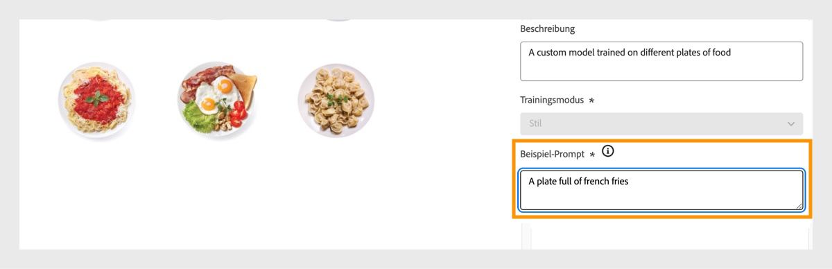 Gib ein Beispiel-Prompt ein, um die praktische Verwendung des selbstdefinierten Modells zu zeigen und Benutzenden zu helfen, Bilder zu generieren.
