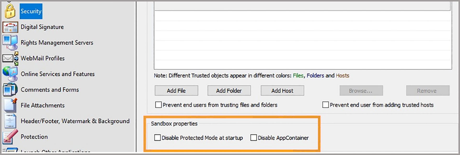 Configurações do Modo protegido