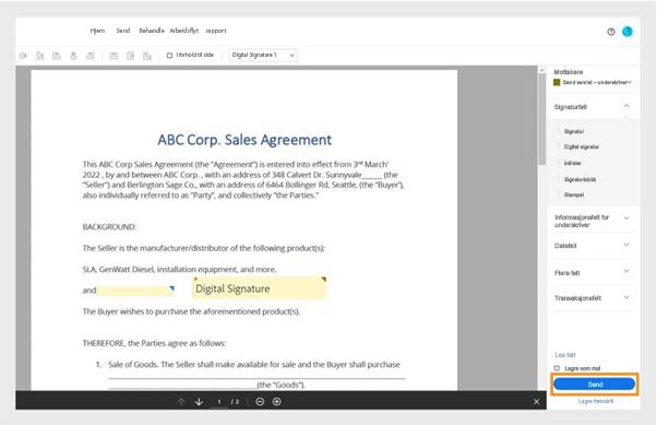 Acrobat-grensesnittet viser en salgsavtale med et felt for digital signatur lagt til, og Send-knappen utheves for å starte e-signering.